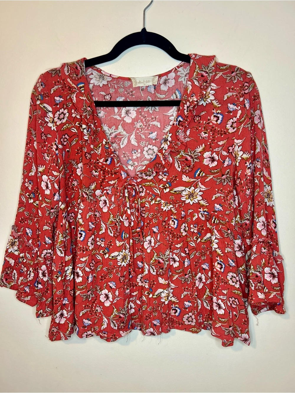 Altar'd State Floral Ruffle Boho Blouse Tie Front Coral Red Size M